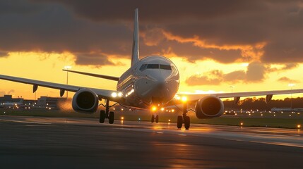 Plane Preparing for Takeoff on Runway at Sunset