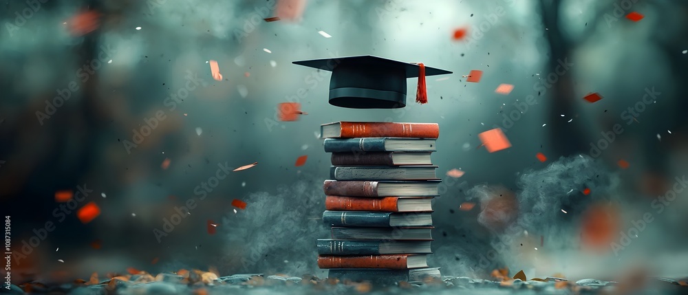 Poster conceptual surreal rendering of a graduation cap seemingly suspended in midair balanced atop a preca