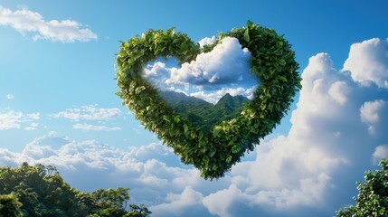 Green Heart Planet with Clouds and Nature Elements
