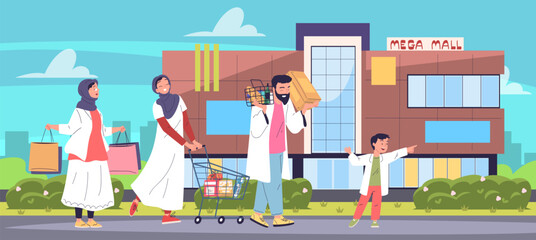 Muslim family shopping. Happy arabic people walking outside mall supermarket, arab mother father kid islamic clients sale market retail shop purchases, classy vector illustration