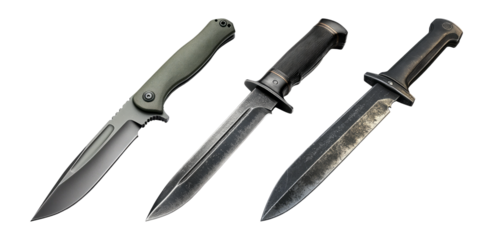 Three Distinct Knives on Transparent Background