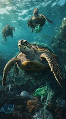 Obraz premium Sea Turtles Navigating Through Ocean Pollution