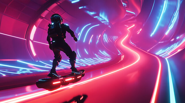 A futuristic race with participants using hoverboards powered by advanced energy systems, racing through a glowing neon track suspended in mid-air 