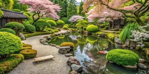 Poster de jardin  Serene Japanese Garden Landscape Featuring A Winding Gravel Path, Lush Greenery, A Tranquil Pond, And A Wooden Bench  © Collection