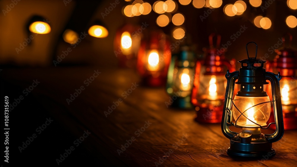 Poster lit lanterns on a table with bokeh lights in the background.