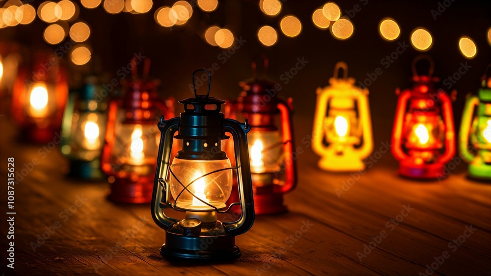 Poster row of colorful lit lanterns against a backdrop of soft bokeh lights.