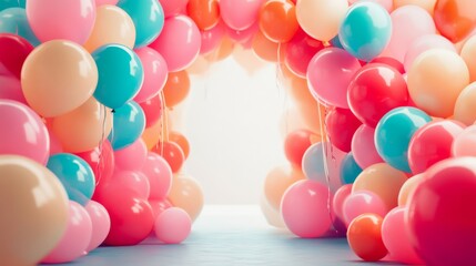 Pastel background with helium balloons arch, mockup for celebrations 
