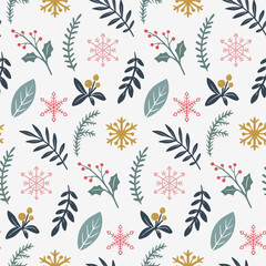 Vector Christmas seamless pattern with hand drawn winter plants,, snowflakes. Vector endless background of new year symbols in modern graphic style