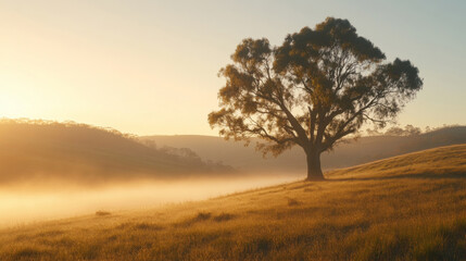 Obraz premium Peaceful morning mist in rural setting with lone tree 