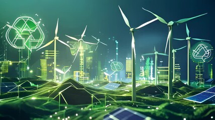 Futuristic cityscape with wind turbines and solar panels highlights renewable energy, sustainability, and technological innovation at night.