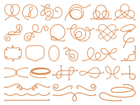 Cartoon rope knots. Cord braided string pieces elements, loop lasso thread cable cords nautical knot node tie bend noose twisted shape marine ship, set swanky vector illustration