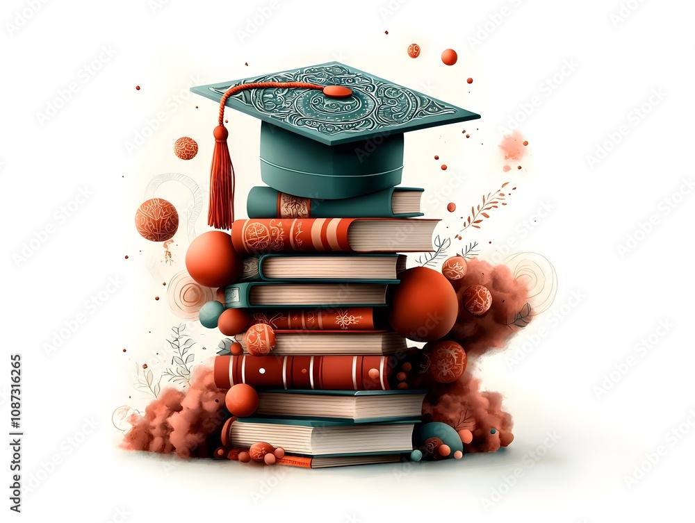 Poster whimsical hand drawn of a graduation cap adorned with intricate ornate patterns perched atop a preca