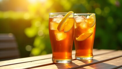 Two glasses of iced tea with fresh lemon slices, captured in warm sunlight with a lush green background. Perfect for summer, beverages, and outdoor refreshment themes.