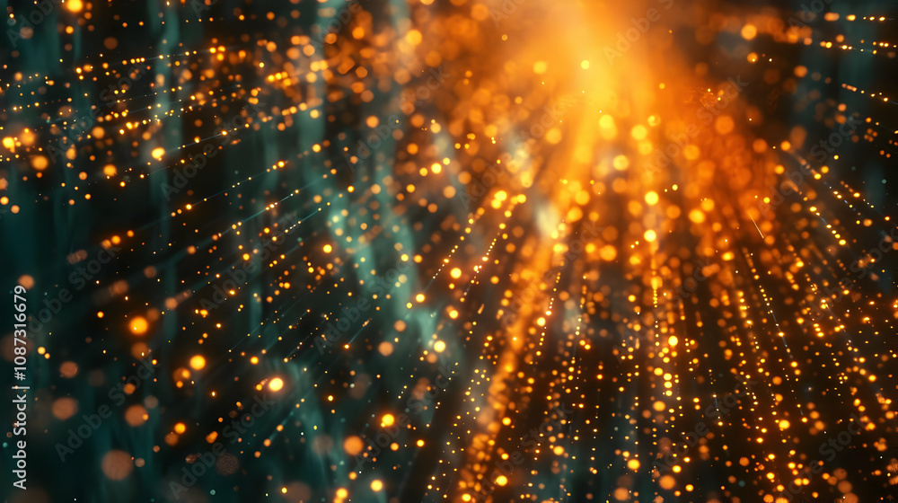 Poster abstract 3d background: golden particles radiate light, creating a dynamic and energetic visual effe