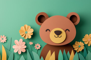 A cheerful paper bear surrounded by colorful flowers in a vibrant, playful environment, perfect for children's themes and nature-inspired designs.