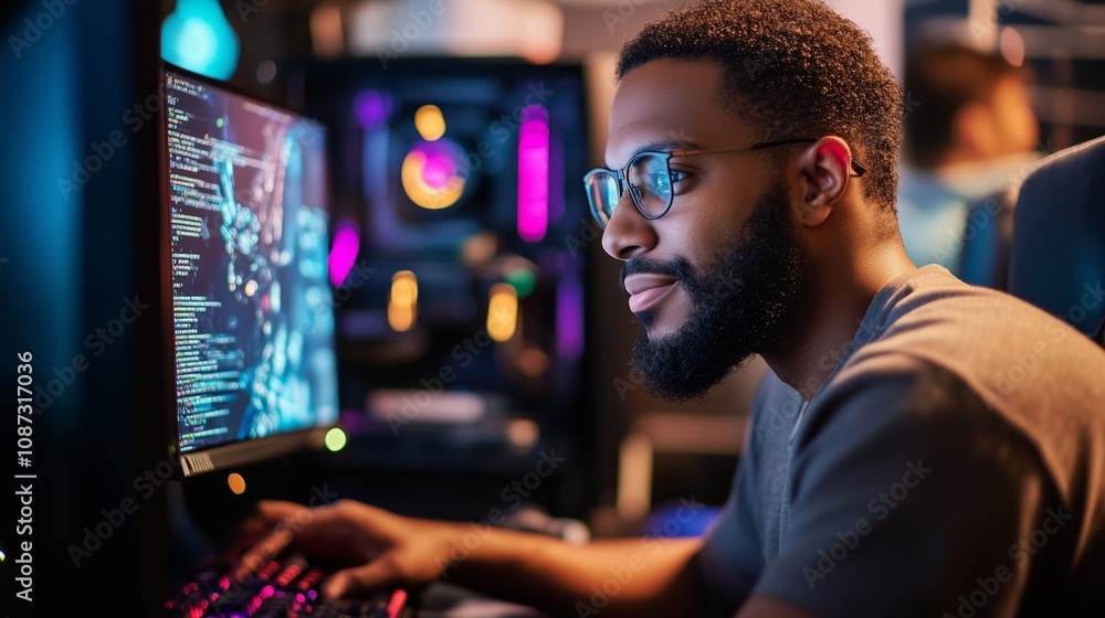 Poster a bearded man wearing glasses sits in front of a computer screen displaying lines of code