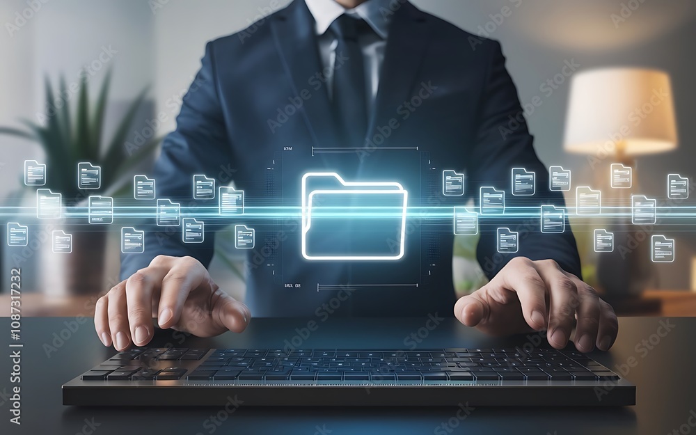 Poster data security and management: a businessman's hands hover over a laptop keyboard, with a glowing fol