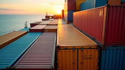 Fototapeta premium Close-up of colorful shipping containers stacked on a cargo ship, with a serene ocean and sunset in the background. Perfect for logistics, global trade, and maritime transport themes.