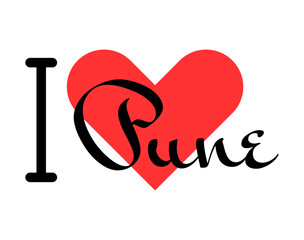 I love Pune, city of India. Hand drawn letters with red heart. Vector illustration lettering, modern design