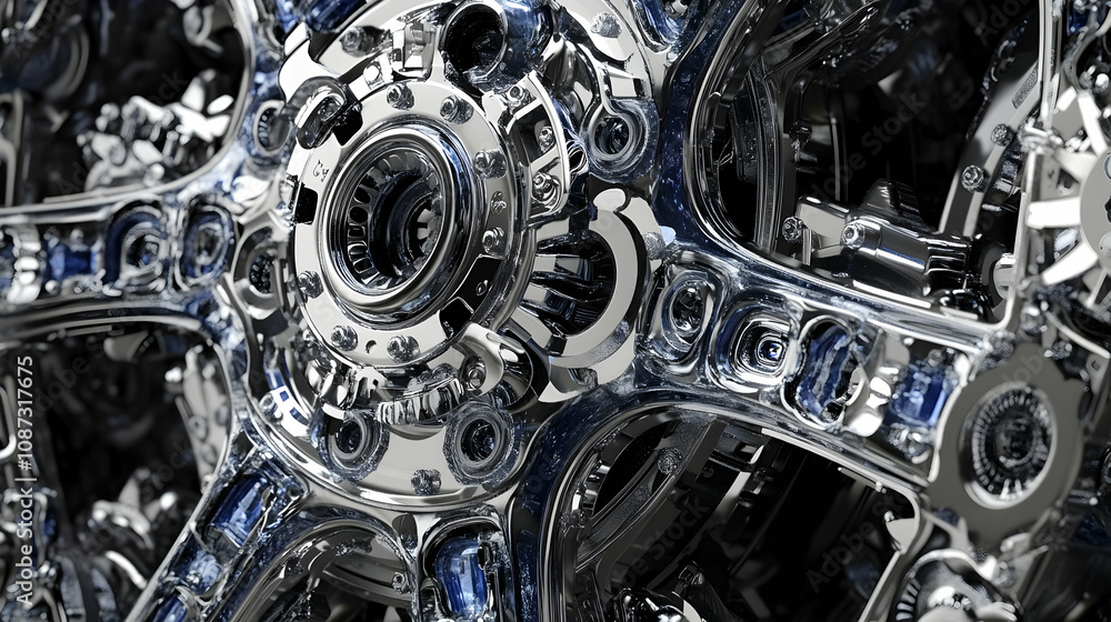 Poster a close-up view of a shiny chrome and blue metallic machine's complex internal gears, reflecting lig