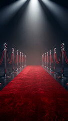 Red carpet surrounded by velvet ropes and illuminated by a spotlight, elegant and dark setting.