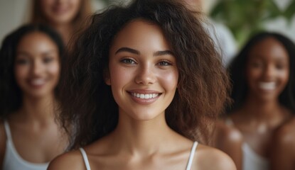Fototapeta premium A group of women stands together, each with a soft smile that reflects empathy and the strength of their friendship.