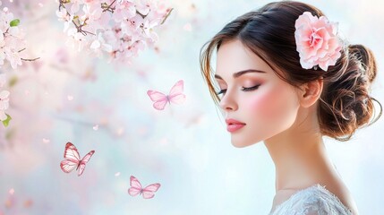 Fototapeta premium Woman in White Gown Amidst Cherry Blossoms