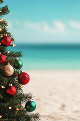 A vibrant Christmas tree adorned with colorful ornaments, set against a stunning beach backdrop, blending festive spirit with tropical serenity.
