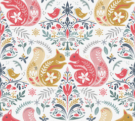 Vector Christmas seamless pattern with hand drawn Scandinavian folk ornament, animals, decorations. Vector endless background of new year symbols in modern graphic style