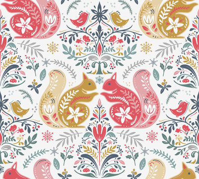 Fototapeta Vector Christmas seamless pattern with hand drawn Scandinavian folk ornament, animals, decorations. Vector endless background of new year symbols in modern graphic style