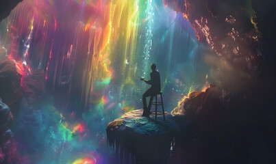 A person standing on a small stool, painting a colorful cave scene with a brush, against a dark background with swirling vortexes and dreamy colors