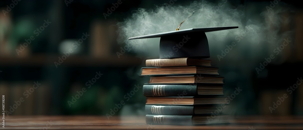 Aufkleber conceptual surreal rendering of a graduation cap seemingly suspended in midair balanced atop a preca