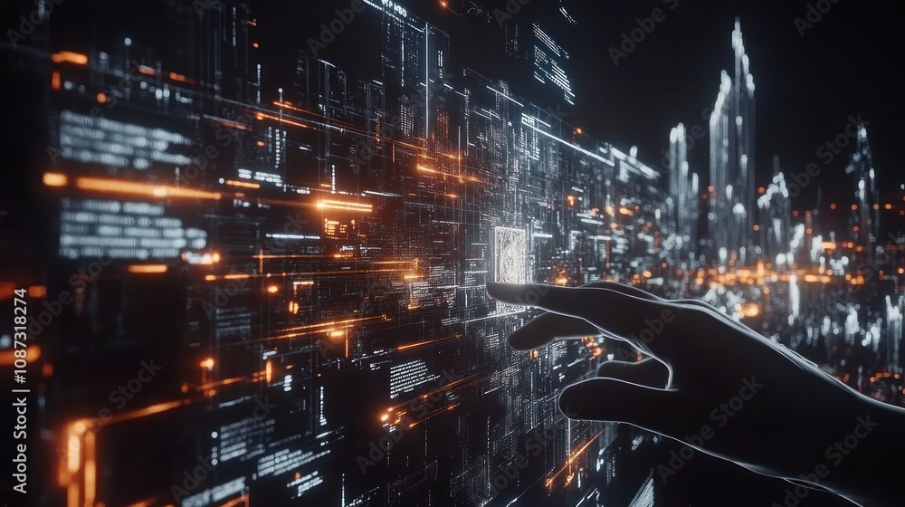 Poster a hand interacts with a digital interface displaying futuristic data and cityscapes.