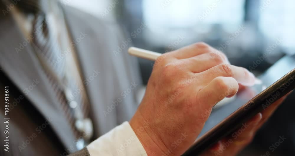 Poster hands, businessman and tablet with pen for communication, networking and scrolling app in office. ma