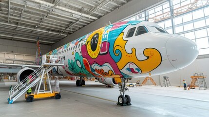 Airplane Side View in Hangar with Painters Working