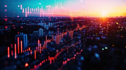 Obraz premium A vibrant sunset over a city skyline, enhanced by digital graphs and data visualizations, symbolizing technology and urban life.