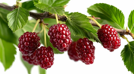 Close-up of Ripe Red Berries Growing on a Branch with Lush Green Leaves, Isolated on White Background