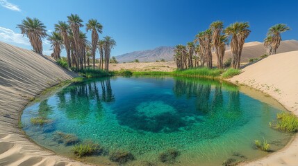 Fototapeta premium Serene Oasis with Crystal Clear Lake in Desert Landscape