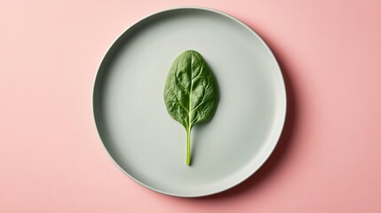 Obraz premium A lavender plate with a single spinach leaf, styled simply, highresolution food photography, pastel tones
