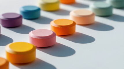 Colorful capsules and round tablets neatly arranged in a straight row on a smooth white surface, highlighting vibrant pastel colors and clean textures for a professional pharmaceutical layout.