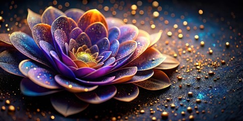 A shimmering cosmic flower with delicate petals adorned with golden glitter, resting on a bed of iridescent beads.