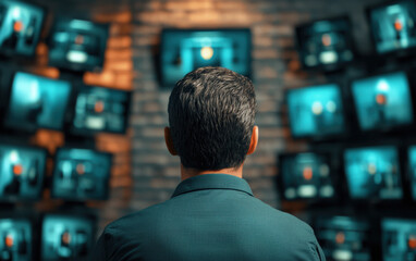 A man viewing multiple televisions displaying digital content in a modern room, highlighting technology and contemporary lifestyle.