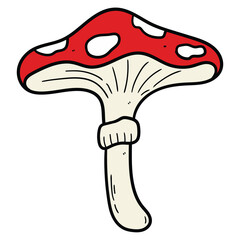 Hand drawn cartoon fly agaric mushroom on white background.