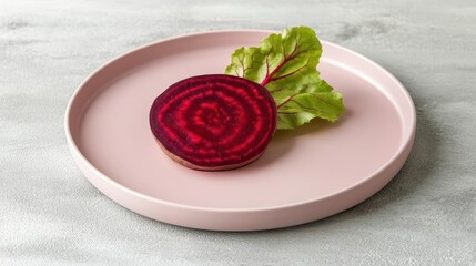 A pale pink plate holding a single beetroot slice, isolated on a table, highresolution, realistic food photography