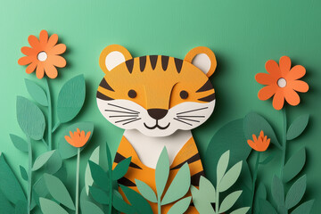 A cute paper-cut tiger surrounded by vibrant flowers and green leaves, creating a playful and cheerful atmosphere in a stylish design.