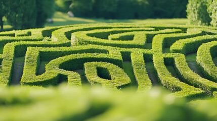 Naklejka premium A Lush Green Hedge Maze Patterned with Intertwined Paths and Winding Pathways, Creating an Intricate and Enchanting Landscape Design