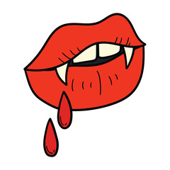 Hand drawn cartoon the mouth of a female vampire with fangs on white background.