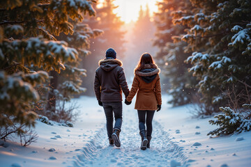 Para w zimowych płaszczach spaceruje ręka w rękę po zaśnieżonym lesie, a wokół panuje cisza i magia zimy. Śnieg delikatnie opada z nieba, a w tle widać lekko ośnieżone drzewa iglaste.