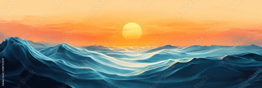 Poster A stunning sunset casts warm hues over gentle ocean waves, creating a serene atmosphere as day transitions to night. Generative AI