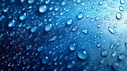 Macro Photography of Water Droplets on a Blue Surface, Capturing the Reflective and Textural Beauty of Nature's Tiny Wonders.
